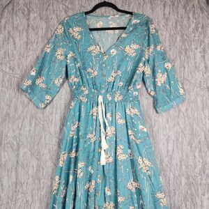Boho Hippie -Style Floral Blue Maxi Dress Size M Coquette Cottage Retro